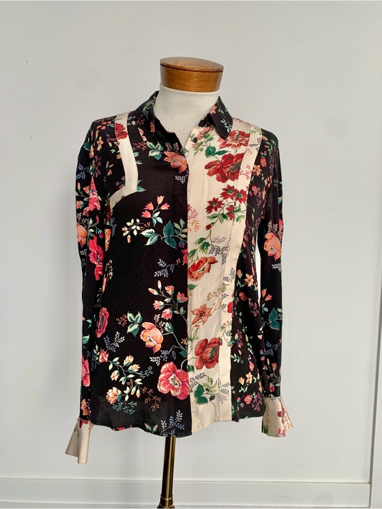 Maje Tops - Maje Black Floral Patchwork Button-Down Blouse with Cream Panels